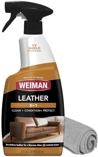 Weiman leather cleaner, polish, and conditioner bottle with included microfiber towel