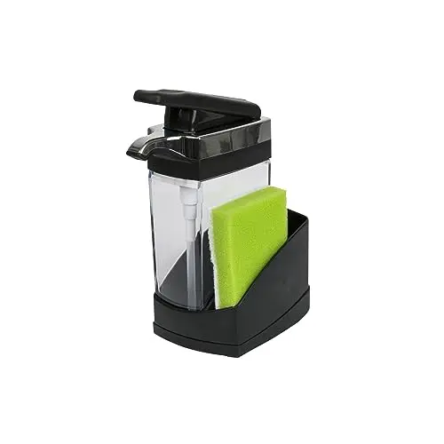 Casabella black and chrome soap pump with built-in sponge caddy