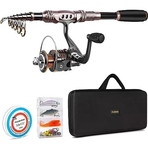 PLUSINNO telescopic fishing rod, reel, and full accessory kit in a carrier bag