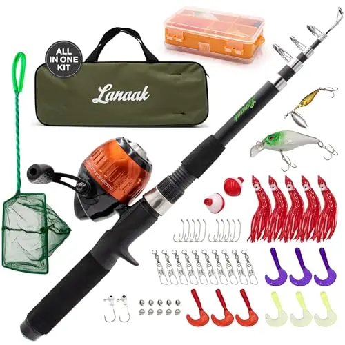 Lanaak kids fishing pole and tackle box kit with telescopic rod and travel bag