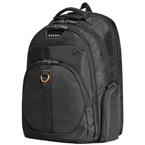 EVERKI Atlas black business backpack showing multiple compartments and ergonomic back padding