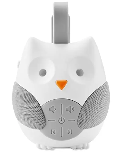 Skip Hop portable owl-shaped white noise machine attached to a stroller