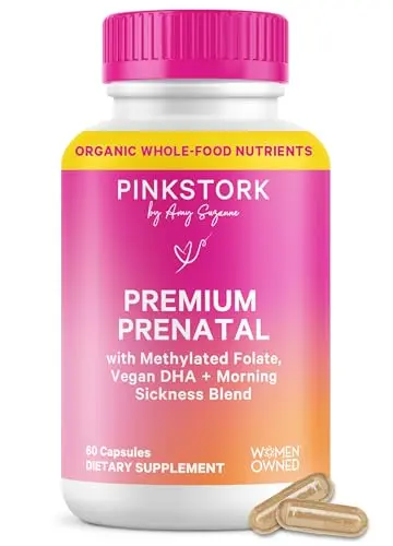 Pink Stork Premium Prenatal Vitamins bottle with capsules