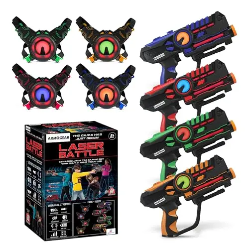 ArmoGear laser tag set with four guns and four target vests laid out