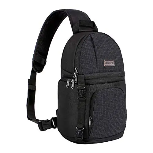 MOSISO black camera sling bag with modular inserts and tripod holder