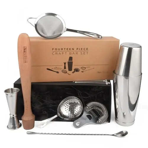 A Bar Above 14-piece stainless steel bartender kit with shaker, strainers, jigger, spoon, muddler, and picks