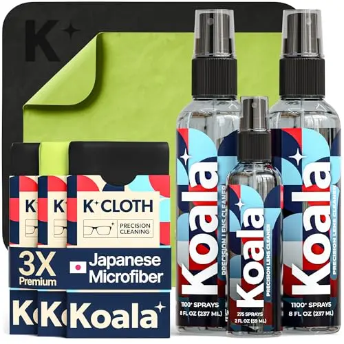 Koala eyeglass cleaner spray kit with two bottles and microfiber cloths