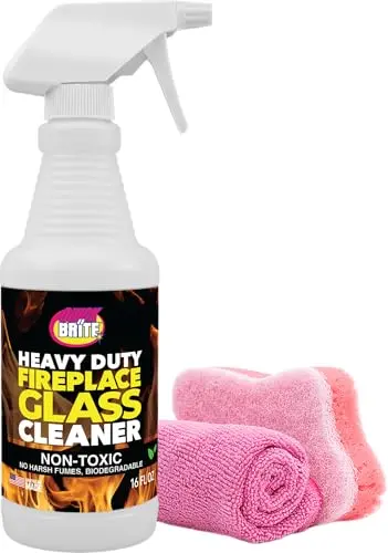 Quick N Brite Fireplace Glass Cleaner Kit with bottle, sponge, and cloth