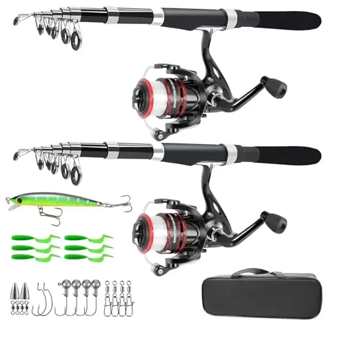 Ministoream two-pack of red telescopic fishing rod and reel combos in a carrier bag