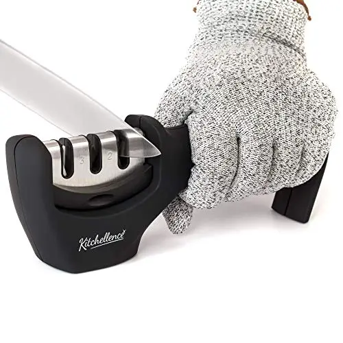 Kitchellence 3-stage manual knife sharpener with included cut-resistant glove