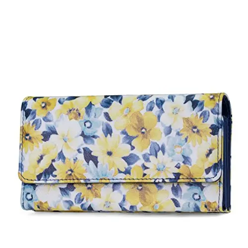 Mundi File Master Bifold clutch wallet in floral yellow, showing card slots and snap closure