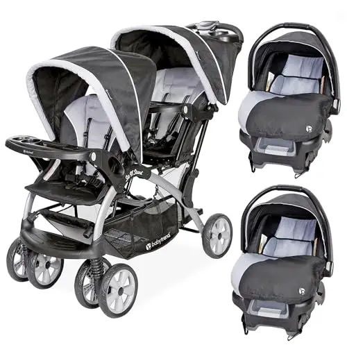Baby Trend double stroller with two infant car seats attached for twins