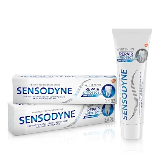 Sensodyne Repair and Protect toothpaste tube showing whitening formula