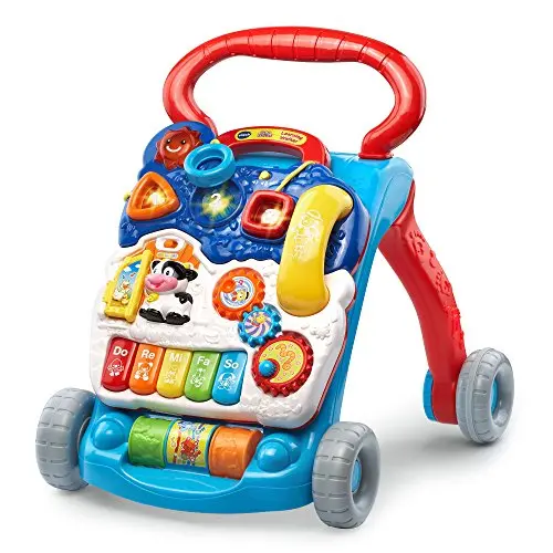 VTech blue sit-to-stand learning walker with removable activity panel
