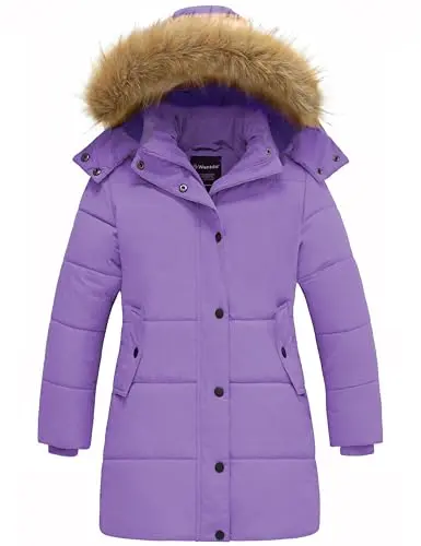 Wantdo girls long purple puffer coat with faux fur hood