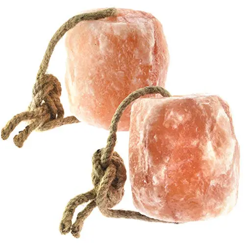 Two pink Himalayan salt licks hanging on ropes in a stable