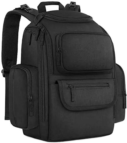 Mancro black diaper backpack showing a simple, classic design with side insulated pockets.