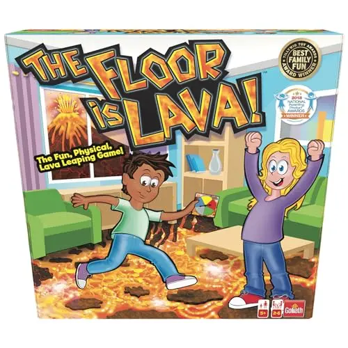 The Floor is Lava game with colorful foam stepping stones and spinner