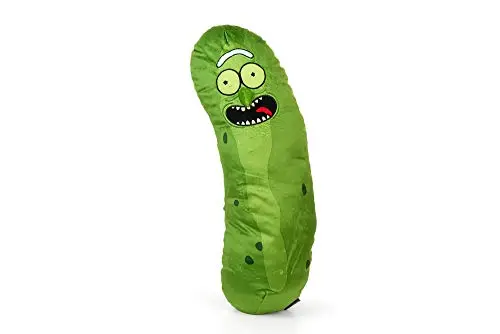 Toynk Pickle Rick plush pillow in green, measuring 20 inches long