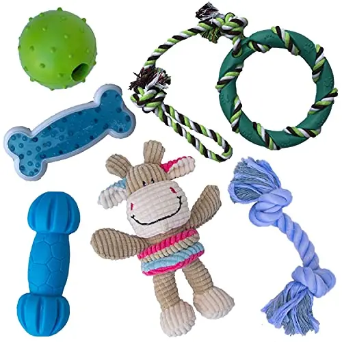 Rocket & Rex 6-pack dog toy assortment with rubber and cotton toys in green, blue, and pink
