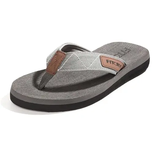 Gray canvas flip-flop sandals with arch support