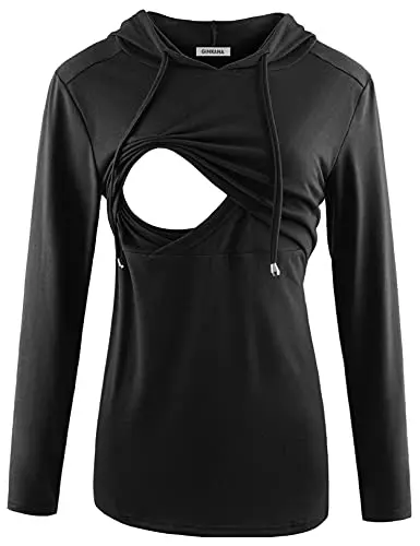 GINKANA black nursing hoodie with double layer front for breastfeeding access