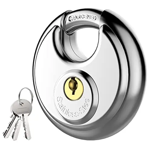 Puroma stainless steel round discus padlock with a rubber bumper.