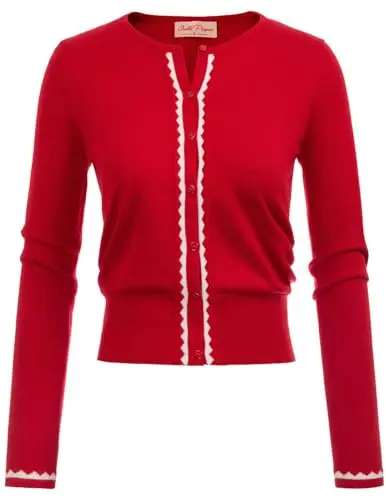 Belle Poque Women's Red Color Block Cardigan