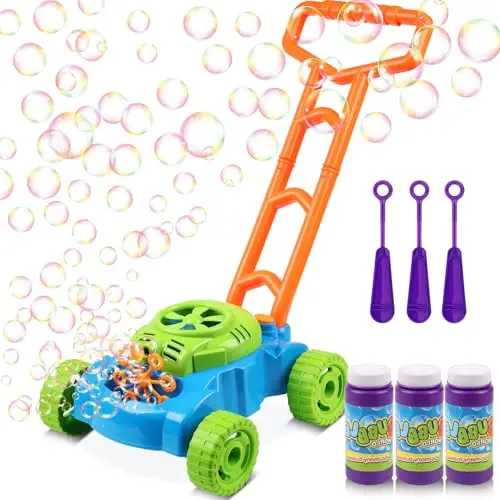 Brightly colored toddler bubble lawn mower toy