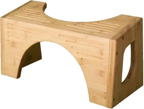 Squatty Potty Bamboo Flip toilet stool in brown, showing flip design for 7-inch or 9-inch height.