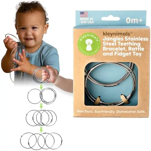 Shiny stainless steel baby rattle and teething bracelet made from food-grade metal.