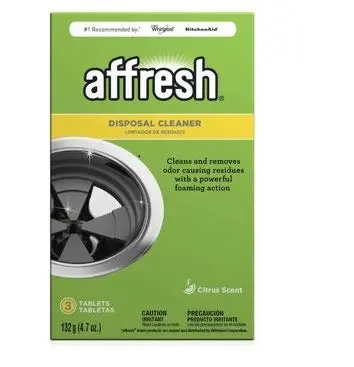 Affresh garbage disposal cleaner tablets in a blue and white box.