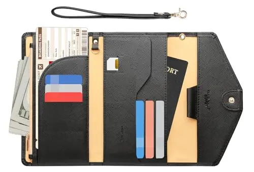ZOPPEN travel wallet with a black detachable wrist strap, showing multiple card slots and a passport pocket.