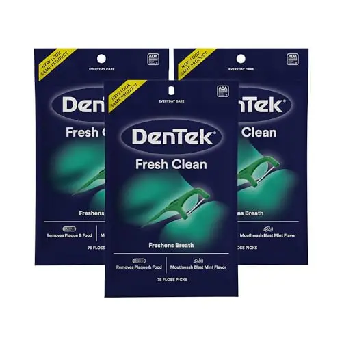 DenTek Fresh Clean Floss Picks three-pack, highlighting the textured pick and tongue cleaner