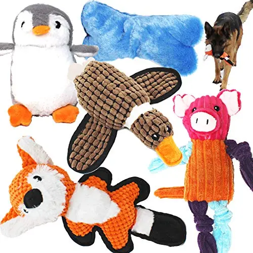 Jalousie 5-pack tough plush dog squeaky toys assortment
