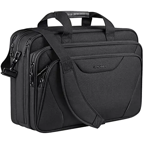 KROSER black expandable messenger-style laptop bag sitting on a desk