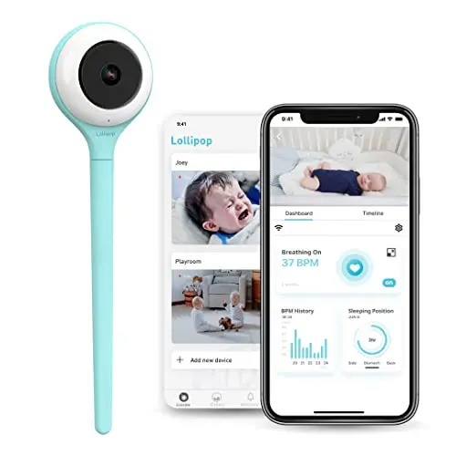 Lollipop Baby Monitor in turquoise color, featuring a flexible design and smart camera
