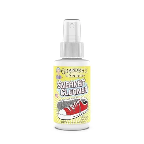 Grandma's Secret Sneaker Cleaner spray bottle next to a clean athletic shoe.