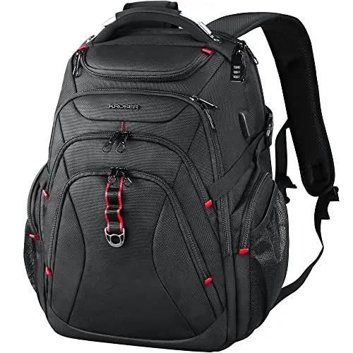 KROSER large black travel backpack with hard shell top compartment and side pockets