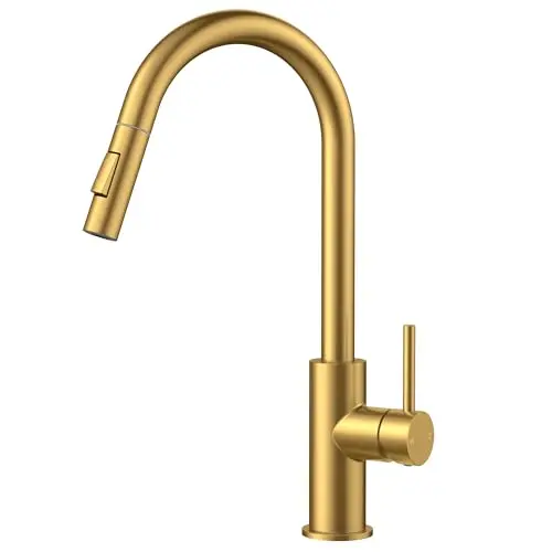 FORIOUS gold brushed brass kitchen faucet with high arc gooseneck and pull-down sprayer