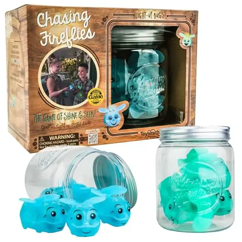 Glow in the dark firefly catching game with jars and plastic fireflies