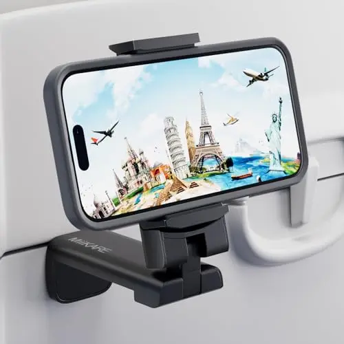 MiiKARE universal phone holder clamped to an airplane tray table