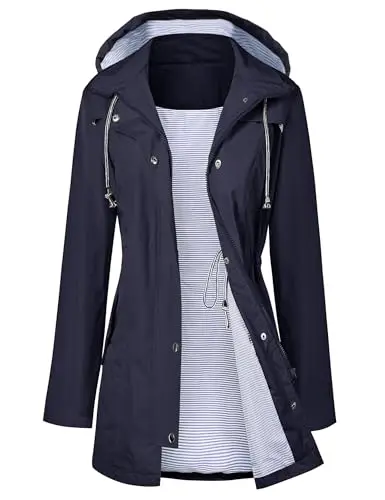 Women's navy blue packable trench rain jacket with hood