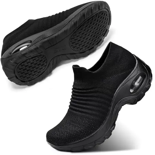 STQ Slip-On Walking Shoes for women, featuring a black mesh upper and cushioned sole