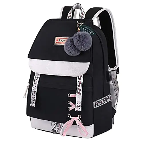 Asge backpack for girls with stylish ribbon design, showing water-resistant fabric and compartments
