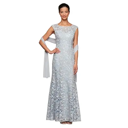 Alex Evenings long sleeveless mother of the bride dress with all-over lace and matching shawl in light blue