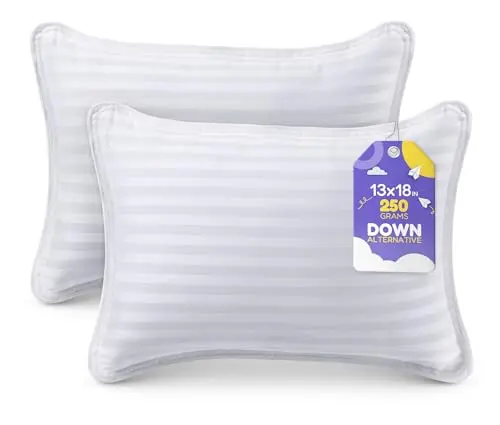 Utopia Bedding two-pack of white toddler pillows with a striped pattern, shown on a neutral background.