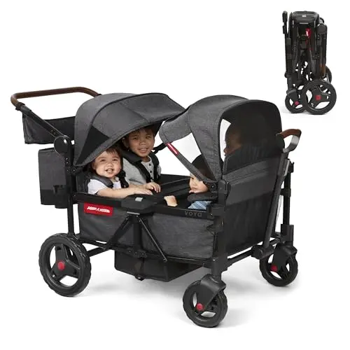 Radio Flyer Voya Quad stroller wagon in gray with two canopies and snack tray.