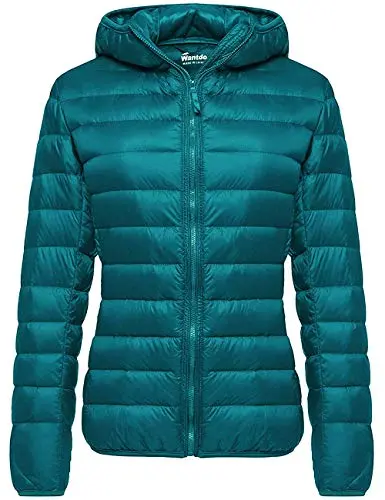 Wantdo women's lightweight, teal blue puffer jacket compressed into a small carrying pouch.