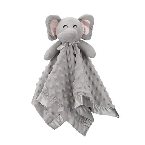Pro Goleem soft grey elephant lovey security blanket with a plush head and satin edges